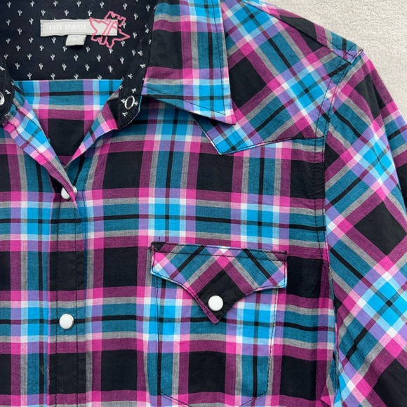 Tin Haul Women’s Large Pink Blue Black Plaid Button Up Shirt Accent Print - Picture 3 of 7